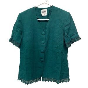 Vintage 1980s Leslie Fay Petite Green Button Down Lace Trim Blouse // 12P